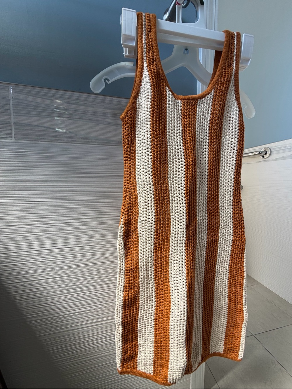 Cream & Rust Striped Crochet Tank Mini Dress